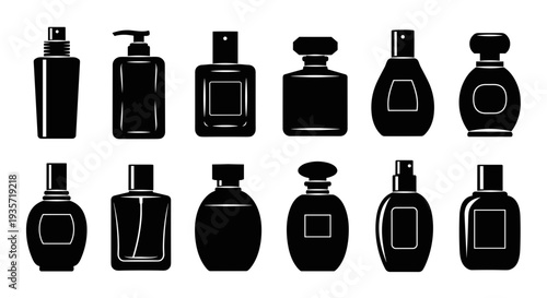 A collection of black perfume bottles on transparent background