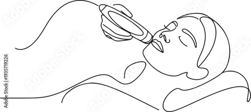 Hand drawn ultrasonic facial skin cleansing procedure. A cosmetologist removes impurities, comedones, excess sebum from the patient's skin. Beauty salon.one line vector illustration