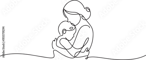 Mother and child hugs continuous line art drawing isolated .one line vector illustration with white background