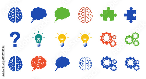 A collection of colorful brain and idea icons on transparent background