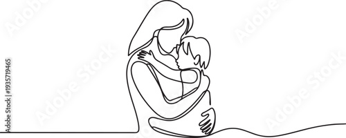 Mother and child hugs continuous line art drawing isolated .one line vector illustration with white background