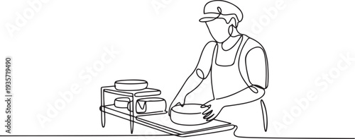 One continuous line drawing of an employee who works in a cheese factory vector illustration. Industrial activity design illustration simple linear style vector concept.one line vector illustration
