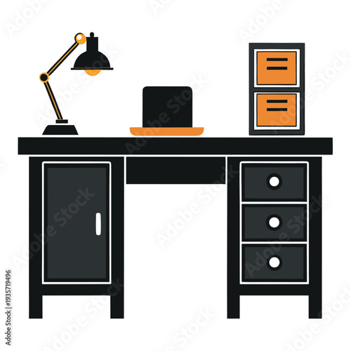 Professional workspace desk setup with an adjustable lamp and a modular filing cabinet for office organization