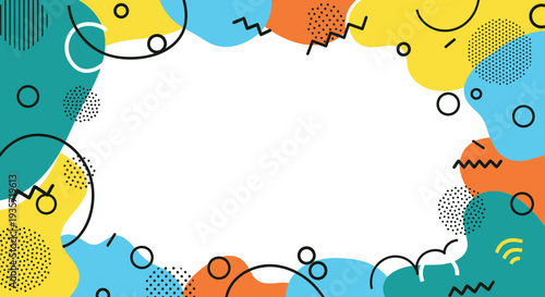 Vibrant Abstract Geometric Background Frame Design with Playful Shapes and Modern Memphis Style Elements for Creative Banners, Posters, and Social Media Templates