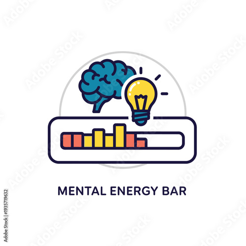 Mental energy bar illustration showing brain and lightbulb representing ideas and concentration