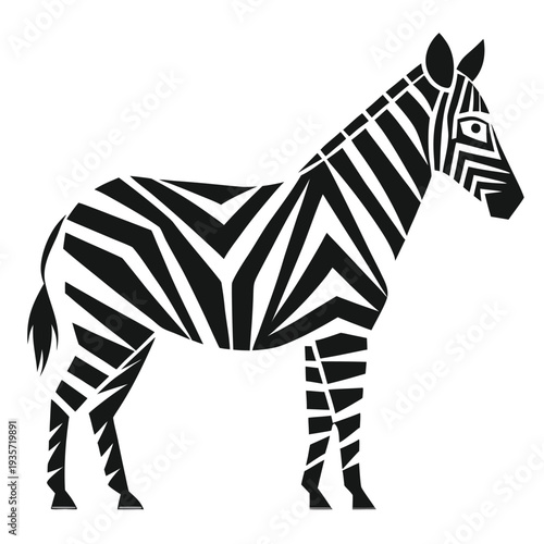 A stylized graphic representation of a zebra with bold black and white geometric stripes