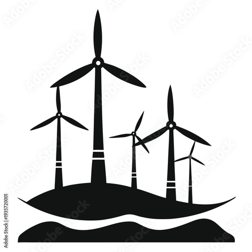 Modern wind turbines standing on an island generating clean energy silhouette graphic