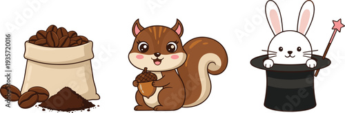 Cute Vector Illustration Set Featuring Burlap Coffee Bean Sack, Adorable Brown Squirrel Holding Acorn, and White Magic Rabbit in Top Hat