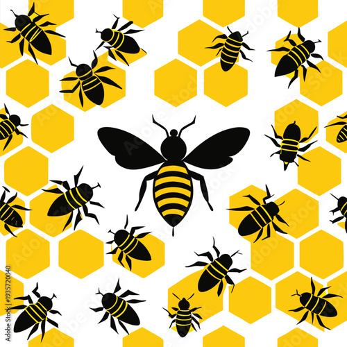 A striking pattern of black bee silhouettes and bright yellow honeycombs creating a vibrant design