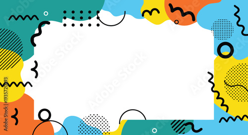 Dynamic Modern Abstract Geometric Frame Design with Colorful Shapes and Memphis Style Elements, Ideal for Creative Banners, Social Media Posts, and Web Templates