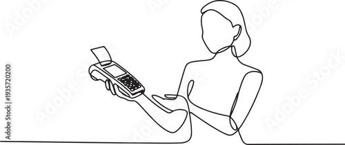 one continuous line drawing of woman holding payment machine.one line vector illustration of modern payment technology.one line vector illustration with white background