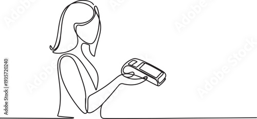 one continuous line drawing of woman holding payment machine.one line vector illustration of modern payment technology.one line vector illustration with white background