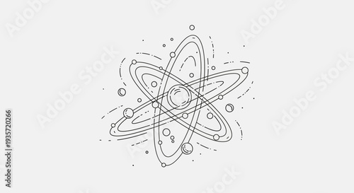 Atomic Structure Line Art Illustration with Orbiting Electrons Science and Physics Concept Minimal Outline Vector Design
