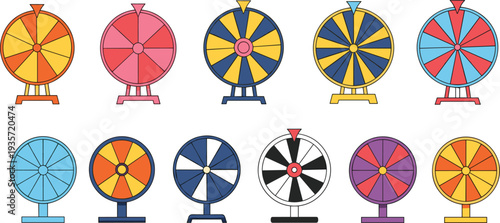 Colorful Lucky Spin Wheel Icon Set Featuring Prize Spinner Fortune Wheel Carnival Game Show Lottery and Casino Contest Elements.