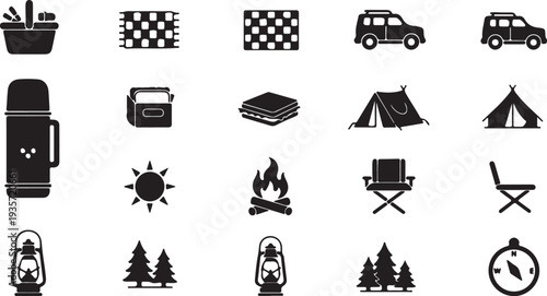 Set of 20 Black Camping and Outdoor Adventure Vector Icons isolated PNG with Transparent Background