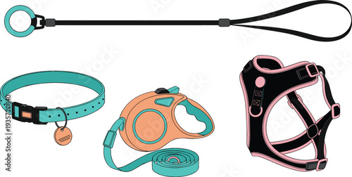 Flat vector illustration set of pet accessories including a retractable leash adjustable collar harness and standard training lead