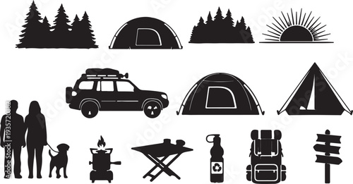 Set of 12 Black Camping and Outdoor Adventure Vector Icons isolated PNG with Transparent Background