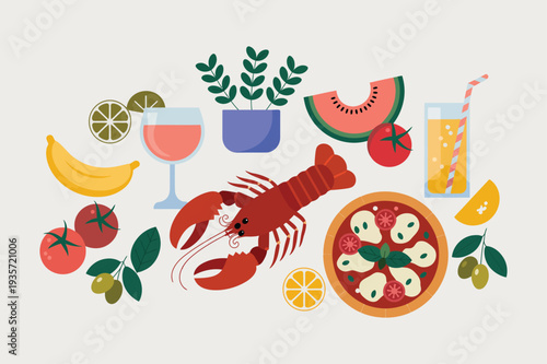 Mediterranean Food and Drink Color Icon Set. Pizza, Lobster, Wine, Citrus, Olives, Watermelon, Tomato and Fresh Ingredients. Vector Illustration