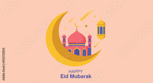 Happy Eid al Fitr. Flat Realistic Balloon IDUL FITRI means Eid al Fitr. Eid Mubarak Poster Design with Ketupat and Lantern