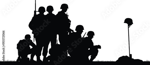 Silhouette illustration of soldiers gathered, battlefield cross with rifle helmet boots, military tribute vector design representing respect, honor, remembrance, fallen army personnel