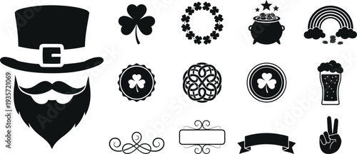 St patrick's day silhouette icons set including shamrocks leprechaun hat rainbow and celtic designs for irish holiday decorations
