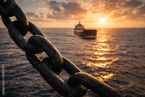 Large chain hangs in foreground while cargo ship sails through shimmering waters at sunset near Strait of Hormuz, creating serene atmosphere