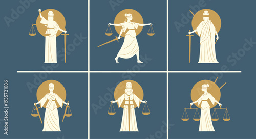 Justice Symbol Icons: Lady of Justice, Scales, Sword, Blindfold, Law Concept