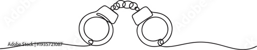 one line drawing of isolated vector object - handcuffs, On line continuous handcuffs.one line vector illustration with white background