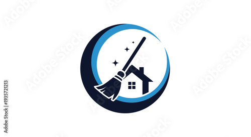House cleaning logo with broom and shining stars inside a crescent moon.