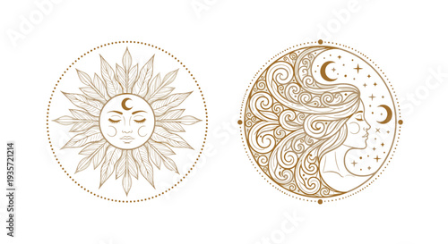 Celestial Duo: Sun and Moon Goddess, Esoteric Symbols, Mystical Art
