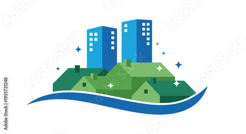 Clean Cityscape with Modern Buildings and Houses, Green Environment Concept