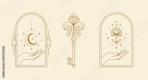 Mystical Symbols: Moon, Key, Flower in Arches with Hands