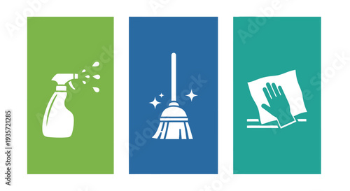 Cleaning supplies icons: spray bottle, broom, and hand with cloth on colored backgrounds