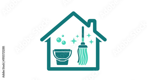 House cleaning service icon with mop and bucket, symbol of home hygiene and tidiness