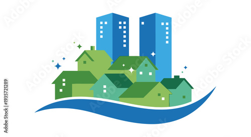 Modern Cityscape with Green Houses and Blue Skyscrapers on Water Wave