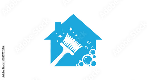 Cleaning Service House Icon: Broom, Bubbles, and Sparkles