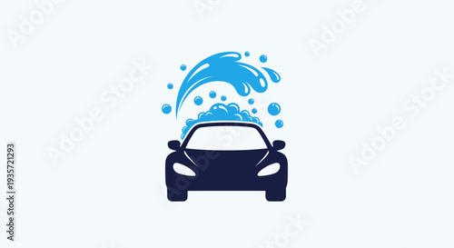 Car Wash Logo: Dark Blue Car with Blue Water Splash and Bubbles