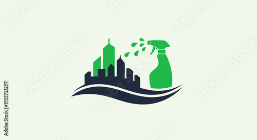 City Cleaning Service Logo: Spray Bottle and Skyline