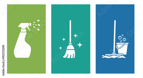 Cleaning supplies and tools icons: spray bottle, broom, mop and bucket