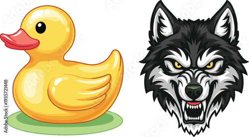 Cute Yellow Rubber Duck Bath Toy and Ferocious Angry Wolf Head Mascot Vector Illustration Set for Gaming Logos, Stickers, and Kids Graphic Design