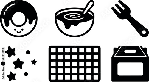 Flat vector bakery icon set donut bowl spoon fork waffle sprinkles takeout box close up black silhouette minimal food icons collection