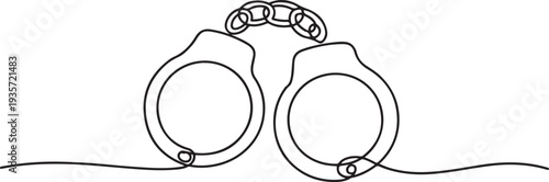 one line drawing of isolated vector object - handcuffs, On line continuous handcuffs.one line vector illustration with white background