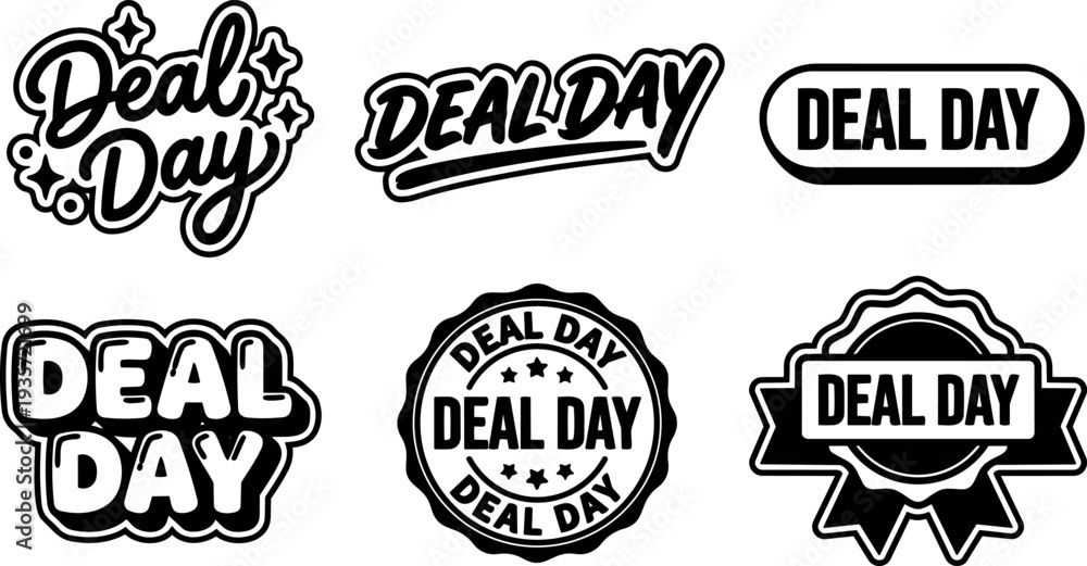 Fototapeta premium Flat design black and white deal day badge set with hand lettering stickers varied badge shapes and retro emblem styles