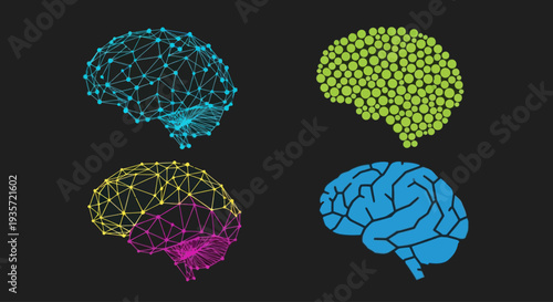 Abstract Brain Icons: Neural Network, Cellular, Geometric, and Wireframe