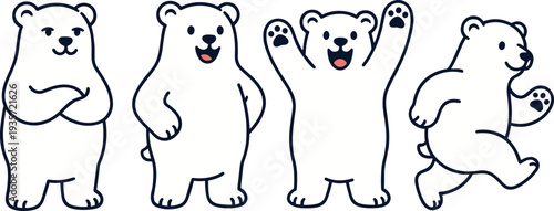 Cartoon polar bears in playful poses with expressive emotions, cheerful walking, smiling, excited gestures, cute animal illustration for vector design