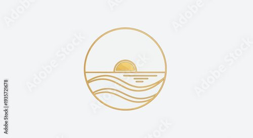 Golden Sunset over Ocean Waves, Minimalist Circle Logo Design