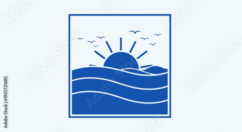 Sunrise over ocean waves with seagulls flying, simple graphic icon in blue and white