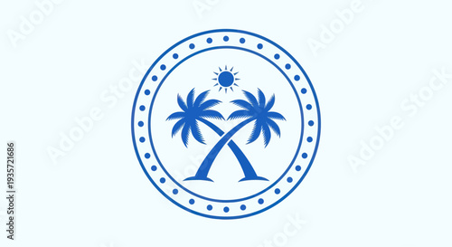 Tropical palm trees and sun emblem on a light blue background
