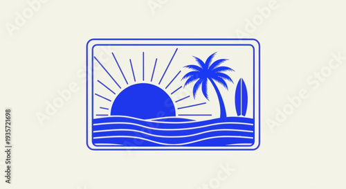 Retro Sunset Beach Scene with Palm Tree, Surfboard, and Ocean Waves
