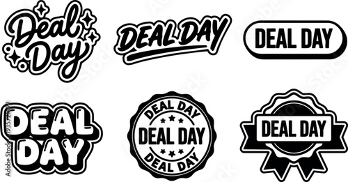 Flat design black and white deal day badge set with hand lettering stickers varied badge shapes and retro emblem styles